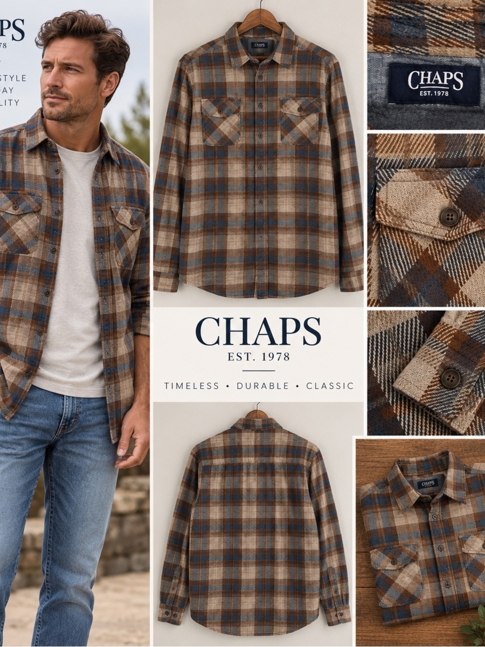 Chaps Men's Brown & Blue Plaid Lightweight Shirt Jacket